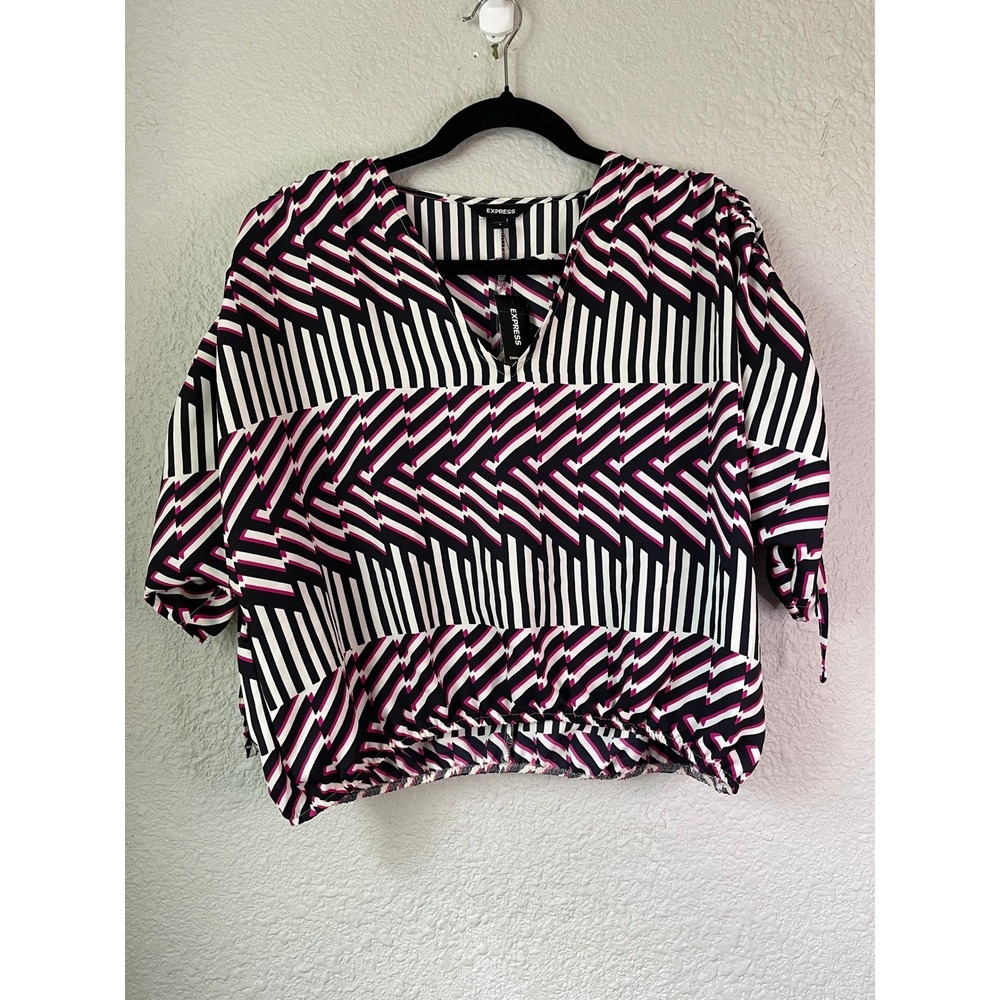 Express Blouse V-Neck Geometric Print 3/4 Sleeve Cinched Waist Top S